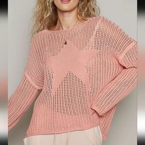 NWOT POL Star Crochet Knit Peach Oversized Sweater